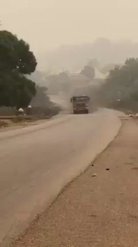 A red Shacman dump truck is driving down an asphalt road towards the camera. The environment is dusty and visibility is low, with buildings and trees visible in the background. The truck is kicking up dust as it moves. The name "SHACMAN" is visible on the front of the vehicle.