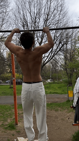 Man exercises shirtless at Sofia park using outdoor equipment