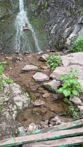 The video shows a small waterfall cascading down a rocky cliff. The water flows over the dark gray rocks and into a small stream at the base. Green plants and moss grow on the rocks surrounding the waterfall and stream. The camera pans up to show the full height of the waterfall and the surrounding rocky cliffs. The sky is overcast.
