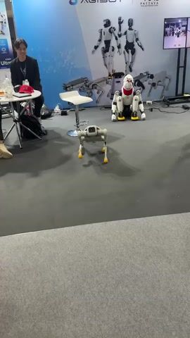 A white robot dog with yellow feet is in the foreground, facing the camera. Its body is white and gray with yellow accents on its legs. It has a black camera lens on its head. In the background, a larger white and red robot with yellow feet is sitting down. To the left, a man in a black jacket and dark pants is sitting at a small table. A white stool is next to him. A poster with images of robots is on the wall behind them. The floor is dark gray carpet.