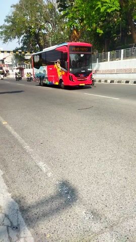 A red bus is stopped on a paved road. The bus has a route number and destination displayed on its front. The bus is parked next to a sidewalk with a white railing and green trees. There are several motorcycles parked near the bus, and some people are standing around. The sun is shining, casting shadows on the road. The video is filmed from a low angle, looking up at the bus.