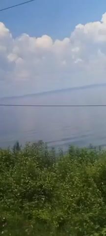 The video captures a scenic view of a body of water, likely a lake or ocean, under a bright sky with fluffy white clouds. In the foreground, lush green trees and bushes line the edge of the water. A utility pole with wires is visible on the right side of the frame, extending into the scene. The water appears calm with gentle ripples on its surface. The overall impression is one of a serene and natural landscape. The video shows no people or any explicit actions taking place.