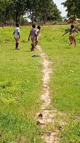 A group of boys are playing soccer on a grassy field. There is a dirt path running through the middle of the field. The boys are wearing shorts and t-shirts. The trees are green and the sky is blue.
