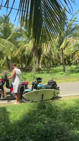 A man stands next to a parked scooter and a light blue motorcycle with a surfboard strapped to its side. The man is wearing a white tank top and grey shorts. The scooter is red and has a yellow bottle attached to its side. The motorcycle has a black bag on the back. The scene is set on the side of a paved road, bordered by lush green grass and a dense forest of palm trees. The sun is shining brightly, casting shadows from the palm fronds, indicating it is daytime. The weather appears to be warm and sunny, typical of a tropical climate. In the background, more palm trees line the road, suggesting a rural or coastal location, possibly Sri Lanka, given the visual cues. There's a hint of movement in the distance behind the man, possibly another vehicle or person, though it's not clearly discernible. The overall mood appears relaxed and adventurous, with the presence of the surfboard suggesting a trip to the beach or a surf expedition. No visible text is present in the frame.
