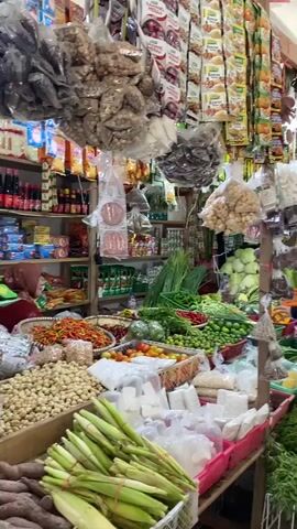 The video shows a bustling market stall filled with a wide variety of fresh produce and packaged goods. In the foreground, bundles of green onions and other leafy vegetables are neatly arranged. Behind them, an assortment of colorful chilies, tomatoes, and other vegetables is displayed. Further back, there are shelves stocked with packaged snacks, spices, and dried goods, hanging from the ceiling and lining the walls.

In the middle ground, a person wearing a black jacket and headscarf is seen selecting vegetables. A second person, wearing a brown t-shirt and pants, is walking away from the camera. Towards the right, a woman is sitting behind a counter, seemingly packaging items. A person is lying down on a stool in the background. The environment appears to be an indoor market with white walls and a light-colored floor, suggesting a covered marketplace. The overall scene depicts a lively and organized market environment with a focus on fresh food items.