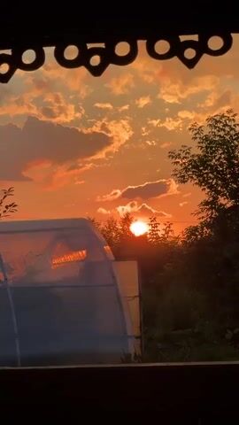 The video shows a sunset over a rural landscape. The sun is setting behind trees, casting a warm orange glow on the clouds. In the foreground, there is a greenhouse with the light on inside. The video is filmed from a slightly elevated perspective, looking out over the scene.