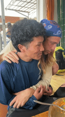 Morning embrace and pet moments captured in Pokhara home