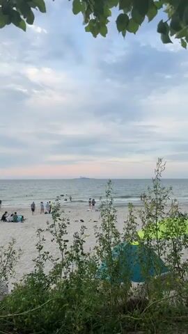 The video shows a wide shot of a beach with several people visible. In the foreground, there are green plants and a blue tent. The beach is sandy, and the ocean is calm with gentle waves. In the distance, there is a large blue and white ship on the water, seemingly docked or anchored near a breakwater. The sky is overcast with a light blue and pink hue, suggesting it might be early morning or late evening. Some people are walking on the beach, while others are sitting or wading in the water.