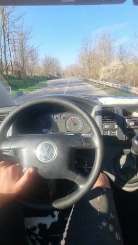 Here's a description of the video:

A driver is seen from the inside of a Volkswagen van, navigating a winding road on a sunny day. The road is flanked by trees without leaves, suggesting either late autumn or early spring. The van's dashboard is visible, showing the speedometer hovering around 20 km/h. The driver's left hand is resting on the steering wheel, and a bit of ripped denim can be seen on their thigh. Music is playing in the background.