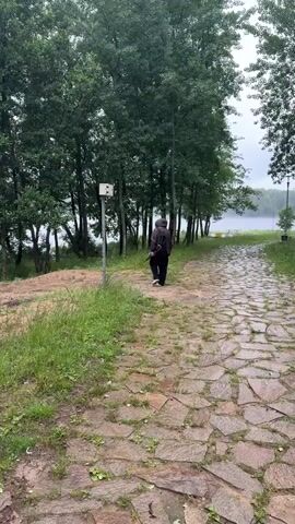 A person in a hooded jacket and dark pants walks away from the camera on a cobblestone path. They are carrying a backpack and a long object, possibly a walking stick or a rifle, over their shoulder. The path is lined with trees on the left and a grassy area on the right. In the distance, a lake is visible under a cloudy sky. Further down the path, there is a circular wooden platform with picnic tables.