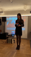 Interactive music game show captured at Moscow party event