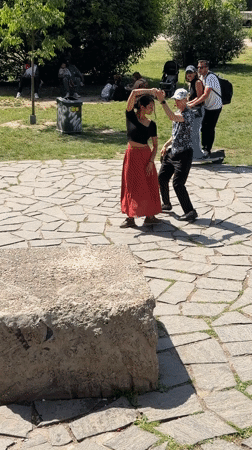 Couple dances hand-in-hand in sunny Milan park