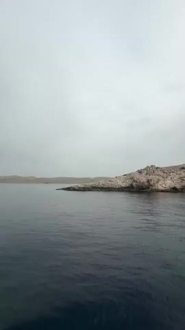 The video shows a view from a boat moving through the water. The water is dark blue and appears calm with small ripples. In the distance, there is a shoreline with hills and rocky terrain. The sky is overcast and gray. A metal railing is visible in the foreground, suggesting the perspective is from the deck of a vessel. A portion of a person's arm and shoulder can be seen on the left side of the frame, indicating someone is holding onto the railing. The overall scene is serene and captures a moment of travel across the water with a distant landscape.