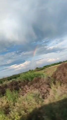 The video features a scenic view of a vast field with lush green vegetation under a dramatic sky. A prominent rainbow arcs across the sky, with dense clouds overhead and clearer blue sky closer to the horizon. The landscape appears to be moving past the viewer, suggesting the video was captured from a moving vehicle. The overall impression is one of natural beauty and an open, rural environment.