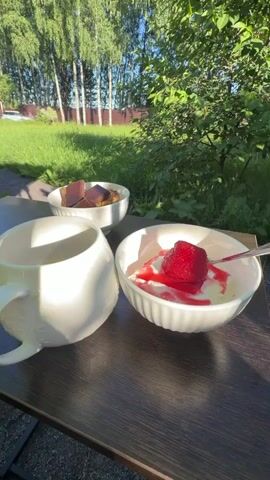 A close-up video shows a wooden table with three bowls of food and a white mug. The bowl in the foreground contains vanilla ice cream topped with a strawberry and red syrup, with a spoon resting in it. The bowl to the left contains pieces of chocolate and what appears to be cookies or biscuits. A white mug with an embossed design sits to the left of the bowls. In the background, there is lush green grass, trees, and a brown fence. The scene is bathed in sunlight, indicating it is daytime.