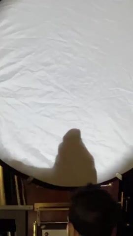 A shadow puppet performance is underway. A person's hands are silhouetted against a large, white, circular screen. The hands are manipulated to form various shapes, suggesting animals or figures. A second person, partially visible in the foreground, watches the performance. The lighting suggests a darkened room.