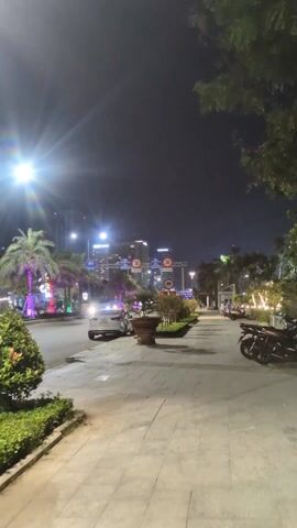 The video shows a street scene at night in an urban area. The camera is positioned on a sidewalk, facing a street lined with palm trees and other greenery. The trees are decorated with colored lights, creating a festive atmosphere. On the left side of the street, a white car is parked next to a large, round planter.  Streetlights illuminate the scene, casting strong light and long shadows. In the distance, tall buildings can be seen, their lights twinkling against the dark sky. There are a few people walking on the sidewalk and riding motorbikes on the street.  Several street signs are visible, including speed limit signs. The overall impression is of a vibrant and well-lit urban environment at night.