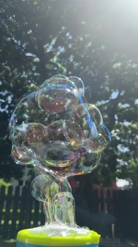 The video begins with a close-up of a bubble machine creating large, iridescent bubbles. Sunlight streams down, creating glare and highlights on the bubbles. The background is blurred, showing green foliage from a tree and a wooden fence. As the video progresses, smaller bubbles detach and float upwards. The camera then pans up slightly, showing more of the tree and the sky. The focus remains on the bubbles and the bubble machine. The video appears to be filmed outdoors on a sunny day.