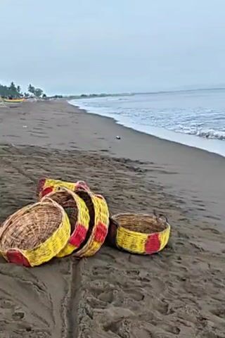 The video shows a beach scene with the ocean in the background. In the foreground, there are several woven baskets made of straw and decorated with red and yellow stripes. They are placed on the sand. The waves are gently rolling onto the shore, and the sky is overcast. The overall impression is one of a tranquil, natural setting.