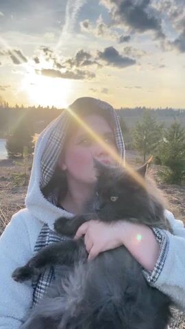 A young woman with fair skin and dark hair holds a large, gray cat in her arms. She is wearing a hooded jacket that is white and has a black and white checkered pattern. The hood is up. The woman is looking around, sometimes glancing down at the cat. The cat has a fluffy coat and is looking to the side. The background shows a landscape with a setting sun, trees, a field, and some clouds in the sky. The sun is shining brightly, creating a lens flare effect.