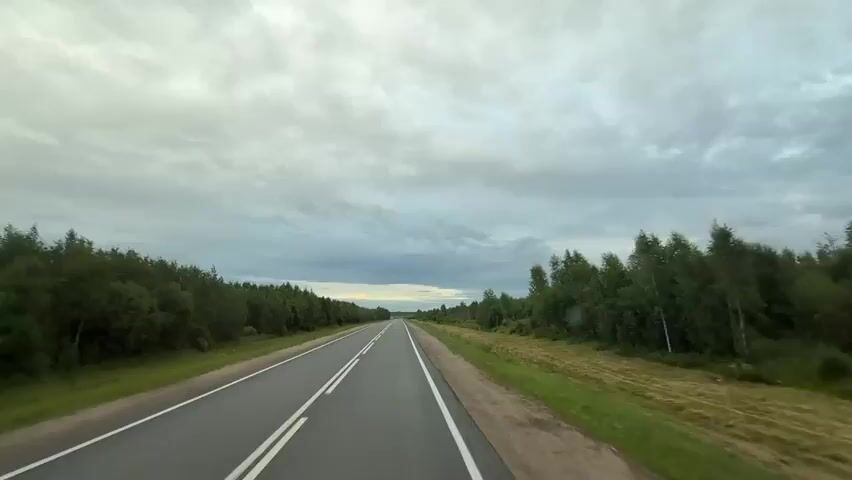 The video shows a first-person perspective of driving on a two-lane asphalt road through a forested area. The road has white lane markings. On both sides of the road, there are dense green trees and some areas of mowed grass. The sky is overcast with gray clouds, with a sliver of lighter sky visible in the distance on the horizon. The lighting suggests it is daytime, possibly late afternoon or early evening due to the soft light. There are no other vehicles or people visible in the frame.