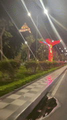 Vehicle captures illuminated decorative installations in nighttime Phan Thiet