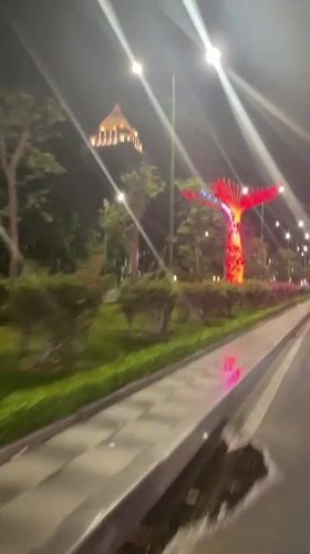 Vehicle captures illuminated decorative installations in nighttime Phan Thiet