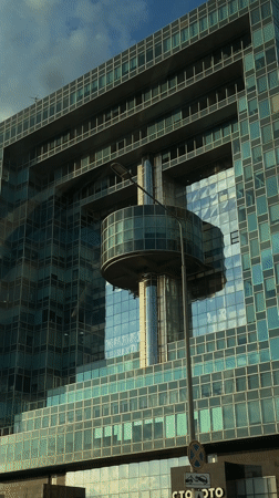 Modern office building with circular feature documented in Moscow