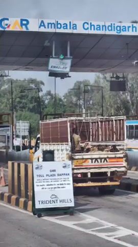 The video shows a truck at a toll plaza. The truck is loaded with animals in a cage. A man in a uniform is attending to the cage. A sign at the toll plaza indicates that FASTag is enabled. Another sign below it states that vehicles without FASTag or with a low balance will be charged 1.25 times the toll. The truck appears to be a Tata model and has a license plate HR 37 E 2568. The environment seems to be outdoors with trees in the background.