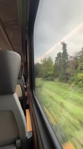 The video shows the view from a train window. The interior of the train is visible on the left, with empty seats. Outside the window, the landscape is blurred due to the train's motion. The scenery includes green grass, trees, and some buildings. The sky is overcast with a visible light streak.