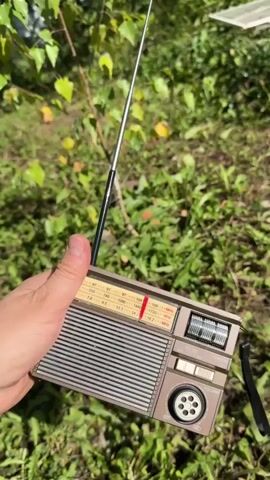 A close-up shot shows a hand holding a vintage brown and grey portable radio. The radio has a silver telescopic antenna extended upwards. The radio's tuning dial is visible, with markings for FM and AM frequencies. There is a speaker grille on the right side of the radio, and a black strap is attached to the side. The radio is held outdoors, with a background of green foliage and some dappled sunlight. The hand is positioned to the left of the radio, with the thumb resting on the edge. The scene appears to be a casual outdoor setting.