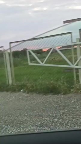 The video shows a metal gate partially open. The gate has a wire mesh and a white metal triangular support structure on the right side. The gate is set against a background of green grass and a faint pink and orange sky, suggesting either sunrise or sunset. A gravel road is visible in the foreground, and a portion of a fence runs along the left side of the gate. A sign is attached to the right support of the gate, but the text is too blurry to read.
