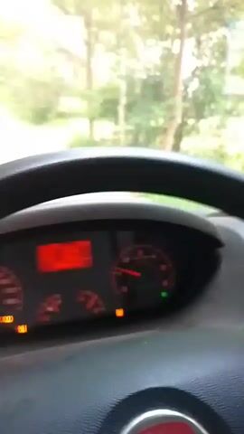 The video shows a first-person perspective of driving on a paved road bordered by trees. The camera is positioned inside a vehicle, with a steering wheel visible in the lower left corner, along with a red dashboard light. The road curves to the left and then straightens out. Trees with green foliage line both sides of the road, creating a canopy effect. The sky is bright, suggesting daylight. There are no other vehicles or people visible.