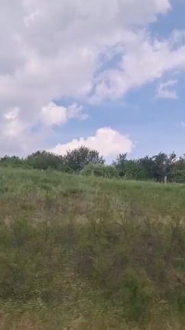 The video shows a landscape view of a grassy hillside with trees and bushes. The sky is partly cloudy with patches of blue visible. There is a fence visible on top of the hill. The camera appears to be moving, giving the impression of a journey through the landscape. The lighting suggests daytime.