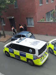 Police vehicles stationed on Leuven street during afternoon hours