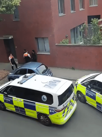 Police vehicles stationed on Leuven street during afternoon hours