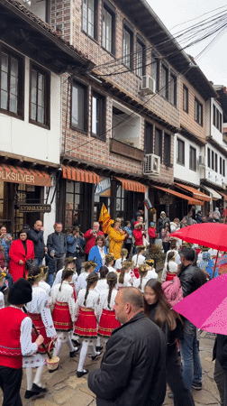 Girls in traditional Bulgarian costumes gather in Veliko Tarnovo