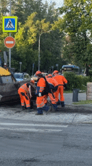 Road crew conducts maintenance work in Dolgoprudny, Russia