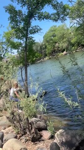 The video shows a river flowing through a green, wooded area. The river is clear and blue-green in color, and the water is moving fairly quickly. There are rocks and pebbles along the riverbank. Trees and bushes line the riverbank, and the trees are lush and green. The sky is blue and clear. There are a few buildings visible in the background. The camera pans across the river and the surrounding landscape, showing the different elements of the scene.
