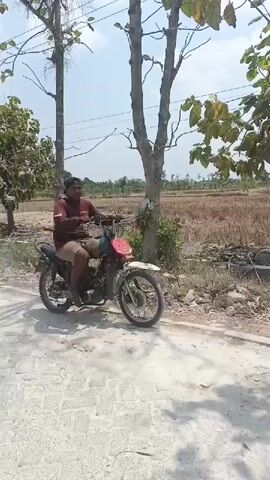 The video begins by showing a dirt road in a rural area. There are trees and vegetation on either side of the road. The road appears to be made of dirt and gravel. In the second clip, the camera is mounted on a scooter and is moving forward on the road. The scooter is on a paved road with a brick-like surface. The road curves to the right. In the third clip, the camera shows the handlebars of the scooter and the rider's hand operating the controls. The background is blurred, indicating movement. The overall impression is a short, casual recording of a scooter ride through a rural landscape.