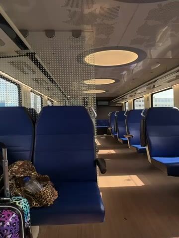 The video shows the interior of a train car with blue seating. The train car appears mostly empty. Luggage, including a colorful suitcase and a leopard print bag, sit next to a seat. Overhead, the car features circular lighting fixtures. A textured, see-through partition separates sections of the train car. The car is illuminated by sunlight coming through the windows. Buildings are visible through the train windows.