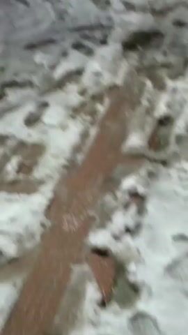 The video shows a snow-covered parking lot at night. Two vehicles are partially visible under streetlights. Snow is falling heavily. The camera pans up to reveal a Pepsi sign attached to a streetlight. Small, snow-covered trees stand nearby. The ground is covered in snow, with visible footprints.