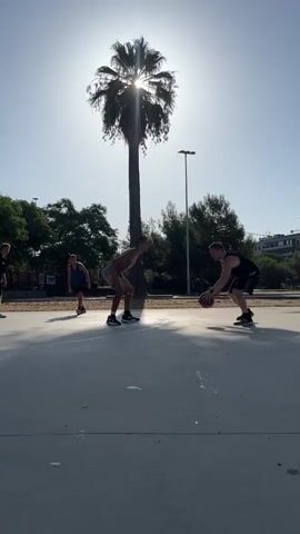 Four young men are playing basketball on an outdoor court under a bright sun. The sun is partially obscured by a tall palm tree in the background, casting a strong silhouette. One player in the foreground on the right is dribbling a basketball, facing another player in the center who is crouched low. Two other players are standing further back on the left, one of them also in a defensive stance. The court is paved with a light-colored surface and marked with white lines. The background features trees, a lamppost, and some buildings in the distance. The overall atmosphere is casual and recreational.