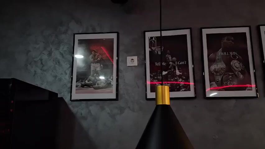The video pans across a wall adorned with framed pictures. The pictures appear to be motivational posters and boxing-related images. Some of the visible text on the posters include "DREAM," "NO RISK NO STORY," and "SUCCESS IS THE FESTIVAL OF THE MIND." There are also images of boxers, including what appears to be Muhammad Ali and Mike Tyson. A black pendant light fixture hangs from the ceiling in the foreground, and a few wall-mounted light fixtures are also visible. The wall has a textured gray finish. There are no people clearly visible in the video. The lighting is dim, with red laser lines projected across some of the framed pictures.