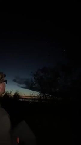 The video begins with a person in the foreground looking up at a dark night sky. In the distance, a streak of light ascends and then explodes into a burst of fireworks, illuminating the sky with a golden glow. The fireworks quickly fade, leaving only the dark sky and silhouetted trees. The video captures two distinct fireworks events, with a brief pause in between. The scene is set outdoors, with minimal ambient light, suggesting it is nighttime.