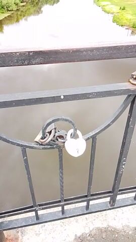 The media file shows a view from a bridge over a body of water, likely a river or canal. A black metal railing with an ornate design is in the foreground, with a white padlock securing a section of the gate. The water is calm and reflects the overcast sky. On the far bank, there is a green grassy area with trees and some modern multi-story buildings in the distance, suggesting an urban or suburban setting. A white bird can be seen flying over the water. The weather appears to be cloudy, and the time of day seems to be daytime. The overall mood is peaceful and slightly somber due to the cloudy conditions. The location is identified as Orekhovo-Zuyevo, Russia. There is no visible text in the media file.