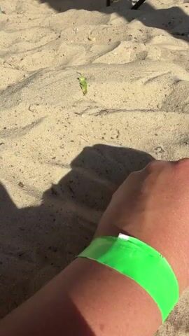 A close-up shot shows a person's hand with bright orange nail polish holding sand over a sandy surface. The sand is pouring from the person's closed fist, creating a stream. A white wristband with green trim and the number 265684 printed on it is visible on the person's wrist. The background is out of focus but appears to be outdoors with shadows cast on the sand, suggesting it is daytime.
