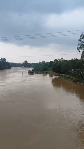 A muddy river flows under a cloudy sky. The riverbanks are lined with lush green trees. In the middle of the river, there is a small buoy and a floating structure that appears to be a house or a boat. Several other structures, possibly houses or boats, are visible on the river further upstream. Overhead power lines stretch across the sky. The overall atmosphere is calm and serene, with the natural elements dominating the scene.