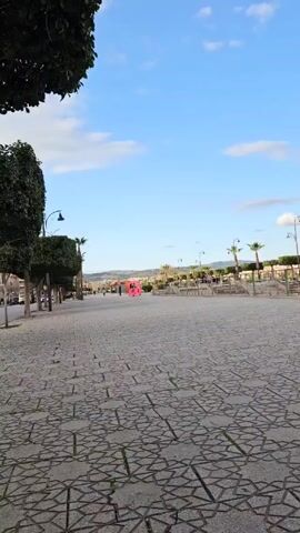 The camera is positioned at a low angle on a paved square, looking towards an open vista of an urban landscape and distant hills against a partly cloudy blue sky. The foreground is dominated by the textured, geometrically patterned paving of the square. Along the left side of the square, trees and lampposts line the walkway.

A pink toy car carrying two children travels towards the camera across the square. The car is visible from a distance, and then is up close. One of the children is seated in the front and has a stuffed toy positioned in front of them. A glimpse of a person's fingers momentarily appears in the foreground. Other people can be seen walking on the square in the background. In the background are palm trees and lampposts.