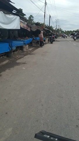 The video captures a street scene in Deah Pangwa, Indonesia. The perspective is from a vehicle, looking out at a roadside market. The time of day appears to be daytime, with an overcast sky suggesting possible rain or a cloudy atmosphere.

The primary subjects are people engaged in activities related to the market. Several individuals are seen tending to stalls or interacting with customers. There are also numerous motorcycles parked along the roadside and on the street, indicating a common mode of transportation in the area. Objects include various market stalls with awnings, some covered in blue tarps, displaying goods that are not clearly identifiable but appear to be food items like bananas. Buckets and other containers are also visible.

The setting is a typical roadside market in a developing urban or semi-urban area, characterized by modest structures and a paved road. Utility poles with wires are prominent in the background, suggesting the presence of electricity infrastructure.

The activity is centered around the market's operation. People are seen walking, standing, and some appear to be operating or repairing motorcycles. One individual is actively leaning over a motorcycle, possibly checking it. The overall impression is one of daily commerce and local life.

Notable details include the cloudy weather, the prevalence of motorcycles, and the makeshift nature of some of the market stalls. The video's orientation is vertical, suggesting it might have been shot with a phone held in portrait mode.

Visible text includes "DIRIA" on a sign, likely part of a business name. The overall mood is mundane and observational, capturing a slice of everyday life in this Indonesian location.